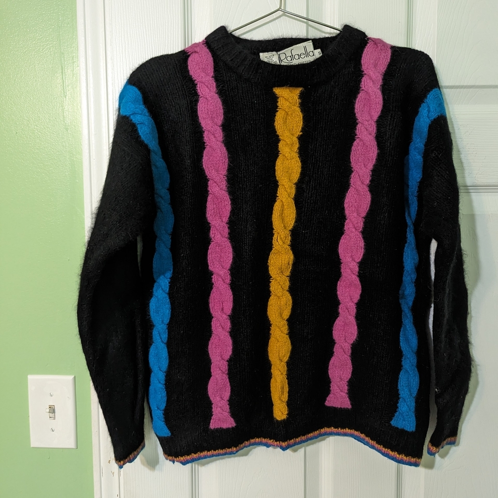 Black Sweater with Pink, Blue, and Gold Accents